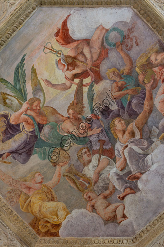 Mantova, Palazzo Te (residenza estiva dei Gonzaga),  appartamento del Giardino Segreto, camera di Attilio Regolo: affresco della volta con allegoria delle Virtù del Principe.