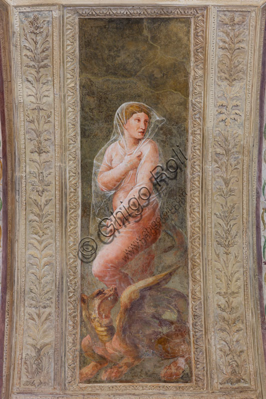 Mantova, Palazzo Te (residenza estiva dei Gonzaga),  appartamento del Giardino Segreto, camera di Attilio Regolo: affresco della volta con allegoria della Prudenza.