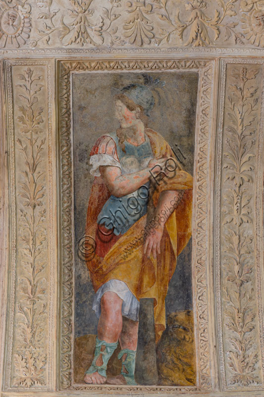 Mantova, Palazzo Te (residenza estiva dei Gonzaga),  appartamento del Giardino Segreto, camera di Attilio Regolo: affresco della volta con allegoria della Fortezza (Forza).