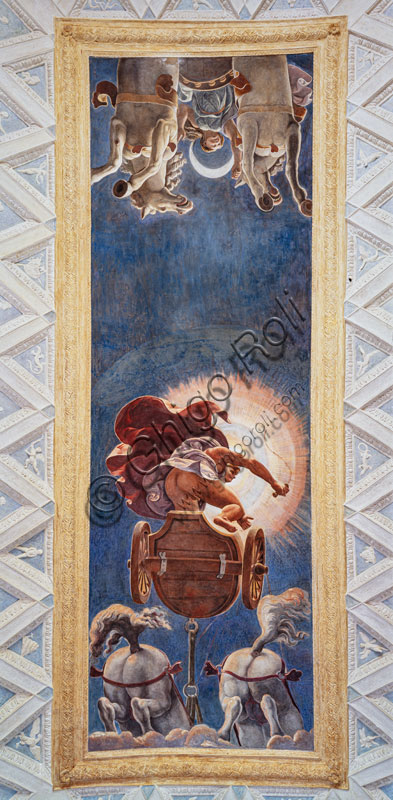 Mantova, Palazzo Te (Residenza estiva dei Gonzaga), Camera del Sole e della Luna: soffitto con raffigurazione dei carri del Sole e della Luna, condotti da Apollo e Diana. Affresco eseguito, su disegno di Giulio Romano, dal suo allievo, Francesco Primaticcio nel 1527 - 1528.