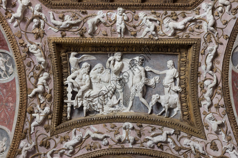Mantua, Palazzo Te (Gonzaga's Summer residence): Camera delle Aquile (the Chamber of the Eagles) or Phaeton's Chamber (Federico Gonzaga's private room): plaster bas-relief by Francesco Primatccio, representing Mercury in front of Jupiter, Juno and Neptune.