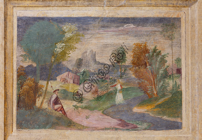 Mantova, Palazzo Te (residenza estiva dei Gonzaga), Camera di Ovidio, o delle Metamorfosi, affresco: scena di paesaggio. Gli artisti ricordati per aver lavorato alla decorazione sono Anselmo Guazzi e Agostino da Mozzanica (1527).