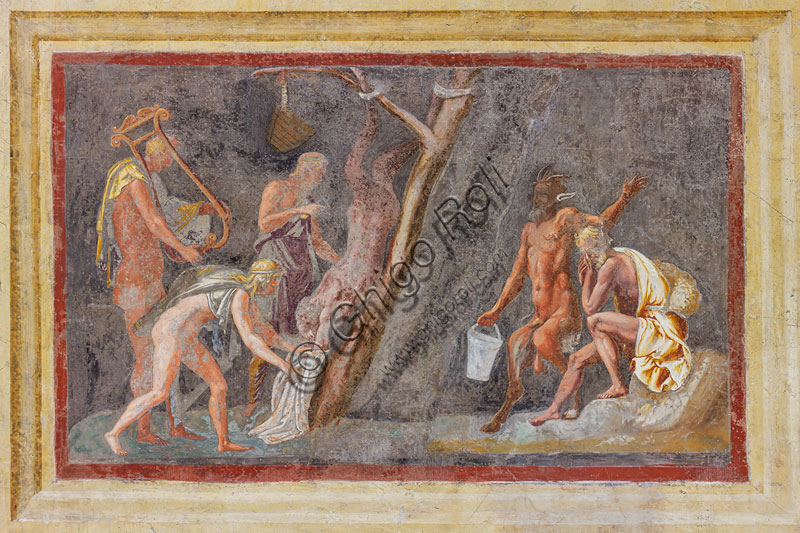 Mantova, Palazzo Te (residenza estiva dei Gonzaga), Camera di Ovidio, o delle Metamorfosi, parete Sud, affresco: Il supplizio di Marsia.Gli artisti ricordati per aver lavorato alla decorazione sono Anselmo Guazzi e Agostino da Mozzanica (1527).