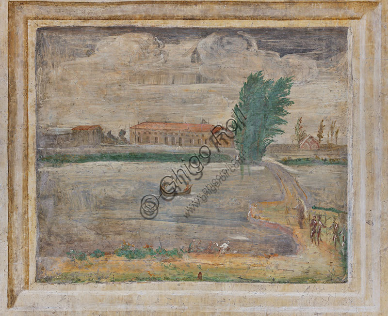 Mantova, Palazzo Te (residenza estiva dei Gonzaga), Camera di Ovidio, o delle Metamorfosi,  parete Nord, affresco: veduta dalle mura di Mantova su Palazzo Te ancora in costruzione sull'omonima isola.Gli artisti ricordati per aver lavorato alla decorazione sono Anselmo Guazzi e Agostino da Mozzanica (1527).