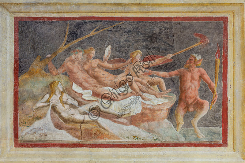 Mantova, Palazzo Te (residenza estiva dei Gonzaga), Camera di Ovidio, o delle Metamorfosi, parete ovest, affresco: Bacco e Arianna.Gli artisti ricordati per aver lavorato alla decorazione sono Anselmo Guazzi e Agostino da Mozzanica (1527).