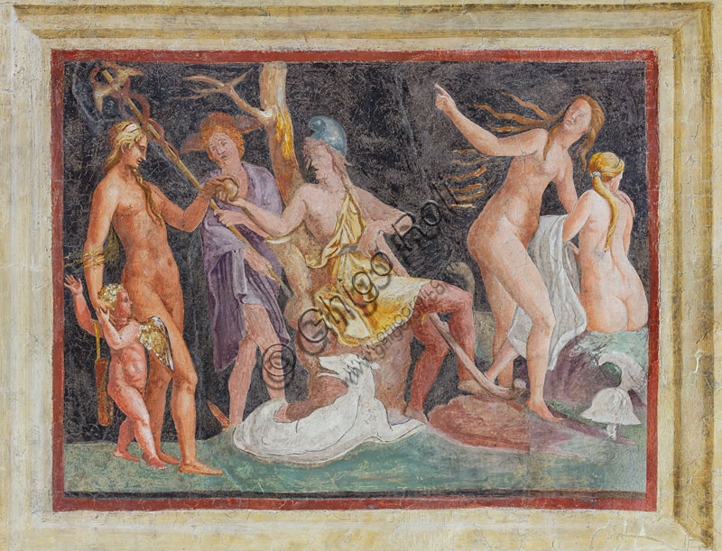 Mantova, Palazzo Te (residenza estiva dei Gonzaga), Camera di Ovidio, o delle Metamorfosi, parete ovest, affresco: Il giudizio di Paride.Gli artisti ricordati per aver lavorato alla decorazione sono Anselmo Guazzi e Agostino da Mozzanica (1527).