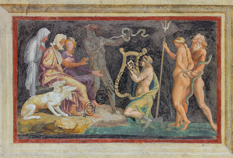 Mantova, Palazzo Te (residenza estiva dei Gonzaga), Camera di Ovidio, o delle Metamorfosi, parete Sud, affresco: Orfeo agli inferi.Gli artisti ricordati per aver lavorato alla decorazione sono Anselmo Guazzi e Agostino da Mozzanica (1527).