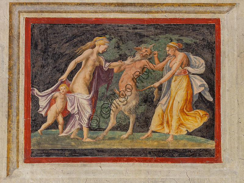 Mantua, Palazzo Te (Gonzaga's Summer residence), Camera di Ovidio - Chamber of Ovid , or the Chamber of Metamorphoses, East wall, fresco:  Maenads tormenting a satyr. The artists who worked in this room are Anselmo Guazzi e Agostino da Mozzanica (1527).