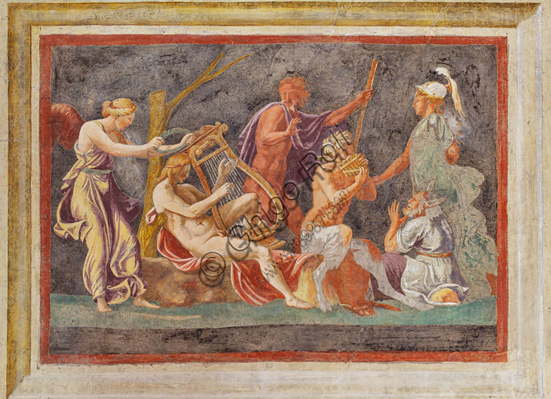 Mantova, Palazzo Te (residenza estiva dei Gonzaga), Camera di Ovidio, o delle Metamorfosi, parete Est, affresco:  la sfida tra Apollo e Pan con la punizione di Mida. Gli artisti ricordati per aver lavorato alla decorazione sono Anselmo Guazzi e Agostino da Mozzanica (1527).