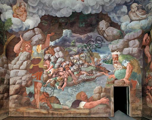  Mantua, Palazzo Te (Gonzaga's summer residence), Sala dei Giganti (Chamber of the Giants): view of the West wall. Frescoes by Giulio Romano (1526 - 1528).