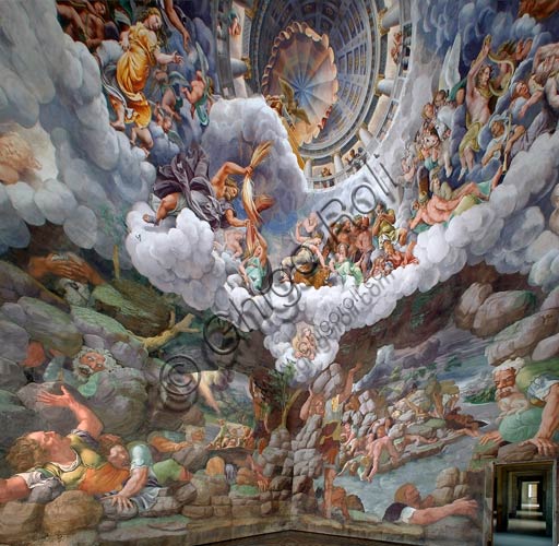  Mantua, Palazzo Te (Gonzaga's summer residence), Sala dei Giganti (Chamber of the Giants): view of the vault and the south and West walls. Detail representing Zeus who, surrounded by other gods of Olympus, flings lightnings against the Giants and destructing them. Frescoes by Giulio Romano (1526 - 1528).