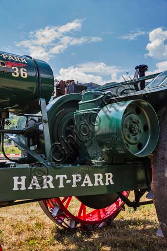 Old tractor. Detail.Make: Hart ParrModel: 18/36Year: about 1920Fuel: crude oil and/or gasolineNumber of Cylinders: 2Displacement: about 7/8.000 ccHorse Power: 18 HP at the wheel and 38 HP  at the PTO (Power Take-Off)Characteristics: The only complete tractor of this model in Europe