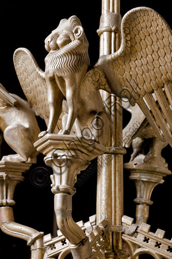 , Genoa, Duomo (St. Lawrence Cathedral), inside, presbitery: "Candlestick with symbols of the Evangelists - Detail of St. Mark", by Dinant Manufacture, about mid XV century.