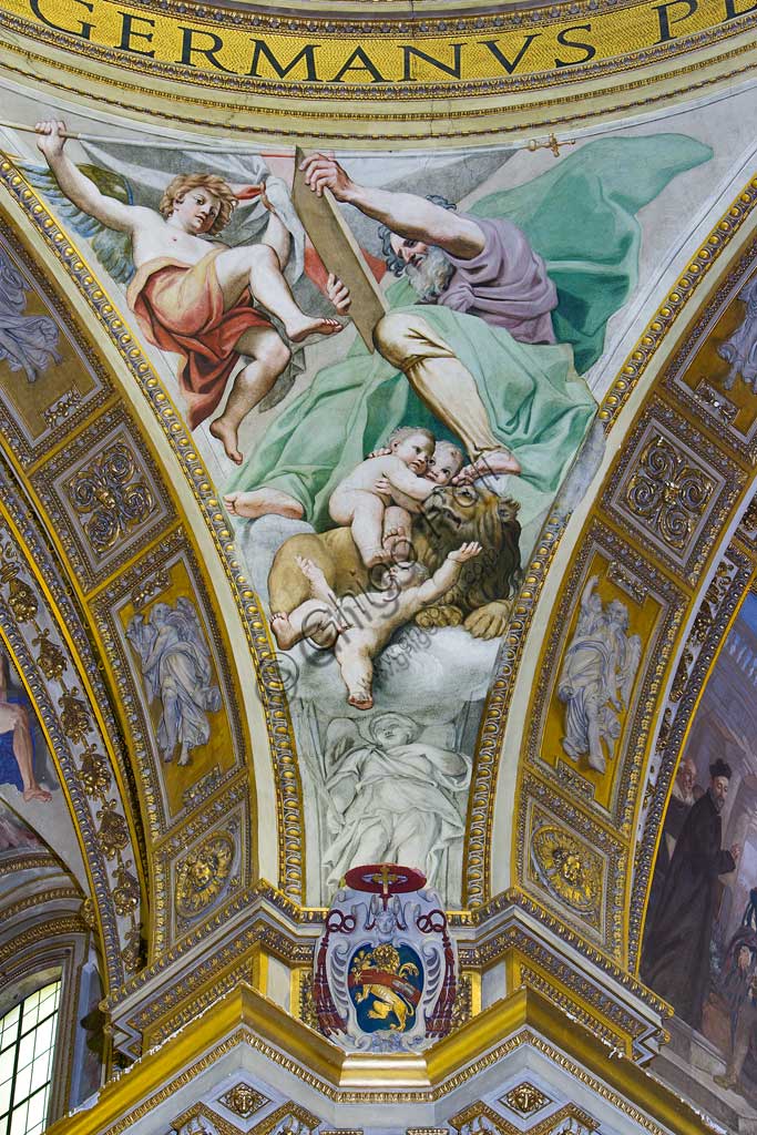 Basilica di S. Andrea della Valle, pennacchi della cupola del transetto: "S. Marco evangelista".  Affresco del Domenichino (Domenico Zampieri), 1622 - 28.