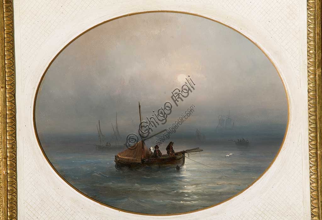 Collezione Assicoop - Unipol: Giovanni Susani (1805 - 1871): "Marina con barche", olio su cartone, cm: 40 x 32, ovale.