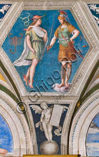 Rome, Villa Farnesina, the Loggia of Galatea, detail of the vault: "Mars and Mercury", and the astrological signs of the Libra and the Scorpio. Fresco by Baldassarre Peruzzi (1511).