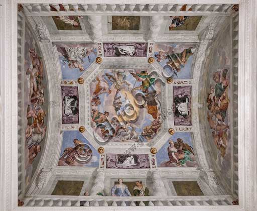  Maser, Villa Barbaro, the Hall of Olympus, the vault: the Olympus. In the corners  the four elements are depicted: Vulcan or the Fire, Cybele or the Earth, Neptune or the Water,  Juno or the Air. Among these representations, there are the representations,  in monochrome frescoes, of the Abundance (with the horn of plenty), the Fecundity, the Fortune (with the wheel), and Love. Int the central octagon, the Universal Harmony is surrounded by gods: Zeus with an eagle, Mars, Apollo with the lyre, Venus, Mercury with caduceus, Diana with dogs, and Saturn. Among the clouds near the frame there are  the signs of the zodiac. Frescoes by Paolo Caliari, known as il Veronese, 1560 - 1561.