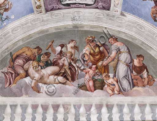 Maser, Villa Barbaro, Sala dell'Olimpo,  parete Sud, lunetta sopra la porta della Crociera: allegorie dell' Inverno  e della Primavera (Vulcano e Venere). Affreschi del Veronese (Paolo Caliari), 1560 - 1561.