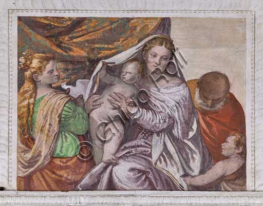  Maser, Villa Barbaro, the Room of the Little Dog, the Southern Wall, the lunette: Madonna with Infant Jesus and St. Catherine (who protected the Barbaros) who offers a dove to Jesus. Fresco by Paolo Caliari, known as Il Veronese, 1560 - 1561.