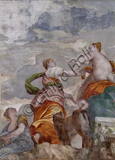  Maser, Villa Barbaro, the Room of the Little Dog, the vault, central fresco: Fortune, mistress of the world, denies Ambition every richness, while the Envy plots hiding a dagger in the folds of his robe. Fresco by Paolo Caliari, known as Il Veronese, 1560 - 1561.