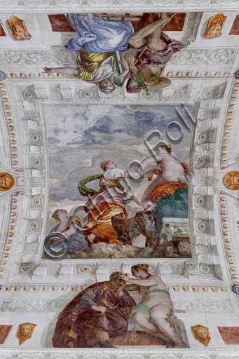  Maser, Villa Barbaro, the Room of the Little Dog, the vault, central fresco: Fortune, mistress of the world, denies Ambition every richness, while the Envy plots hiding a dagger in the folds of his robe. Fresco by Paolo Caliari, known as Il Veronese, 1560 - 1561.