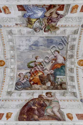 Maser, Villa Barbaro, Stanza del Cane, volta, affresco centrale: la Fortuna, padrona del mondo, nega le ricchezze all'Ambizione, mentre l'Invidia trama nell'ombra nascondendo un pugnale tra le pieghe della tonaca. Affresco del Veronese (Paolo Caliari), 1560 - 1561.