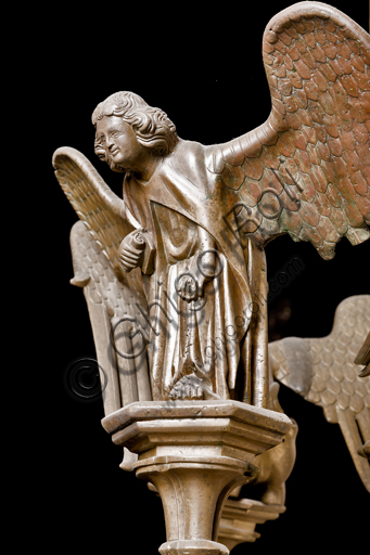 , Genoa, Duomo (St. Lawrence Cathedral), inside, presbitery: "Candlestick with symbols of the Evangelists - Detail of St. Matthew", by Dinant Manufacture, about mid XV century.