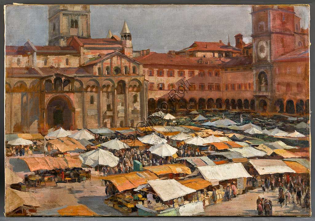 Collezione Assicoop Unipol:  Augusto Baracchi (1878-1942), " Mercato in Piazza Grande a Modena". Olio su tela, cm 55x80.