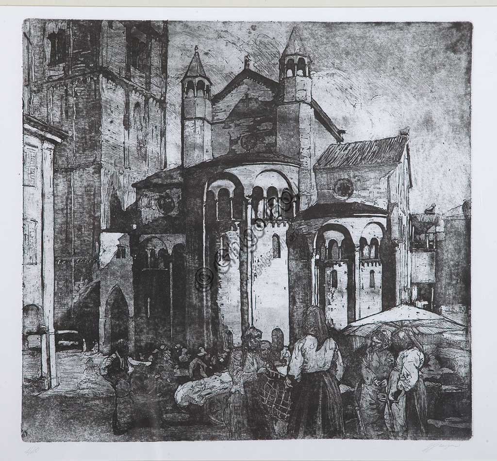 Collezione Assicoop - Unipol: Giuseppe Graziosi (1879-1942), "Mercato in piazza Grande", acquaforte e acquatinta su carta, lastra.