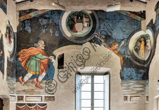  Foligno, Trinci Palace:  The Hall of Liberal Arts and Planets. In this hall the symbolic figures of the seven planets are represented (Moon, Mars, Mercury, Jupiter, Venus, Saturn, Sun) following the order of the days of the week. Each planet oversees a phase of human life that is depicted inside concentric disks where in the middle zone, the Air, the Sun and the Moon define a specific time of day. On the north wall of the Hall the Arts of Trivio (Grammar, Dialectic, Rhetoric) and of the Quadrivium (Arithmetic, Music, Geometry and Astronomy) were depicted, according to a hierarchical order of learning that leads to the point of arrival of all human knowledge, Philosophy , which triumphs in the center of the wall opposite the window. Each planet influences a phase of human life, at each stage of human life corresponds, in the learning scale, a different discipline, each discipline is similar, for its properties, to one of the celestial spheres. The decoration is entrusted to Gentile da Fabriano, the greatest exponent of international Gothic in Italy, with aids (Jacopo Bellini, Paolo Nocchi, Francesco Giambono from Bologna and Domenico da Padova's Battista), and realized the 1411 and 1412 trails. Detail of Mercury on the left, the Childhood at the centre and the Adolescence on the right.