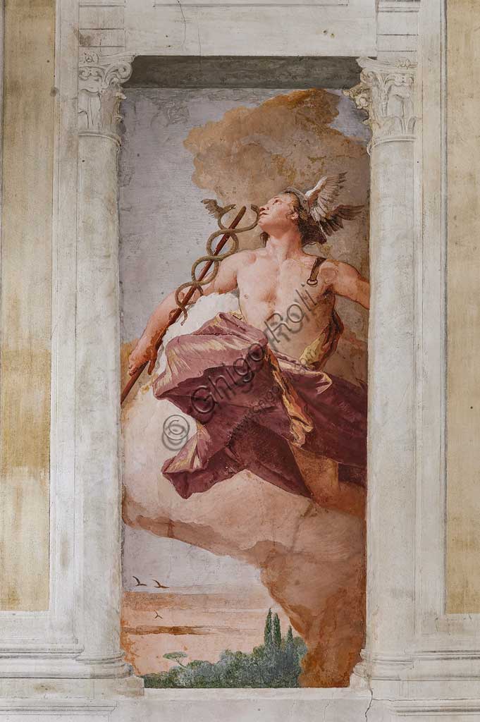 Vicenza, Villa Valmarana ai Nani, Guest Lodgings, the Room  of the Olympus: "Mercury", fresco by Giambattista Tiepolo, 1757.