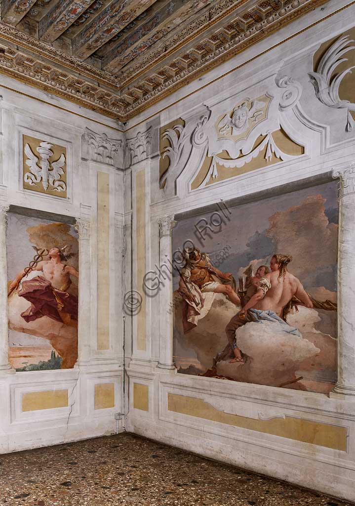 Vicenza, Villa Valmarana ai Nani, Guest Lodgings: view of the Room  of the Olympus. On the left, "Mercury". On the right "Mars, Venus and Eros", frescoes by Giambattista Tiepolo, 1757.