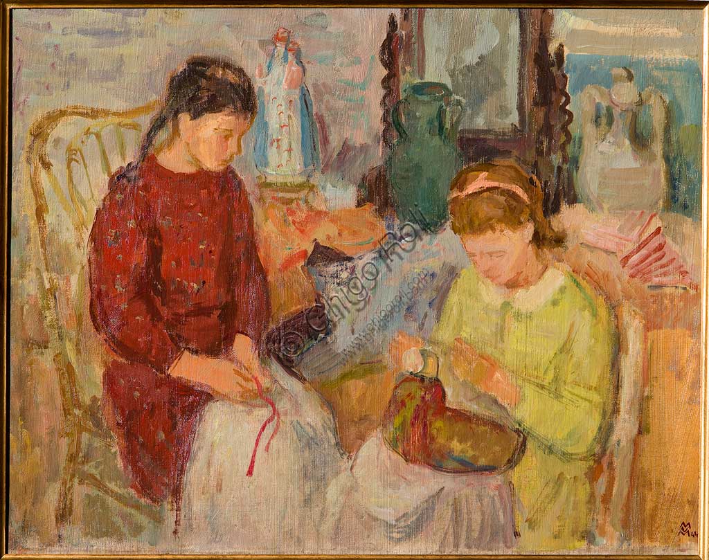 Assicoop - Unipol Collection: Mario Vellani Marchi (1895-1979), "Burano Lacemakers - 1944". Oil on cardboard, cm. 41 x 54.