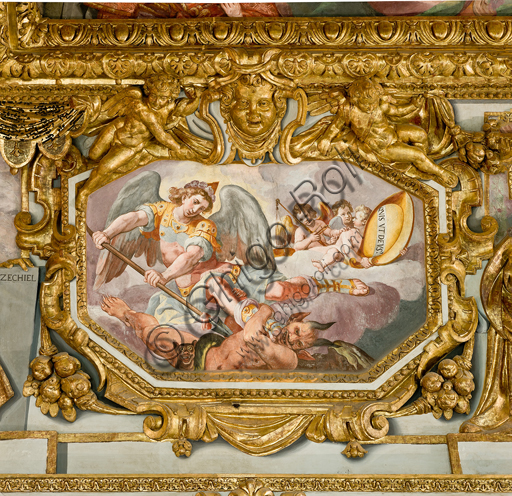 , Genoa, Duomo (St. Lawrence Cathedral), inside, the presbitery vault:  "St. Michael the Archangel", (1622-24), fresco of the ceiling, by Lazzaro Tavarone.