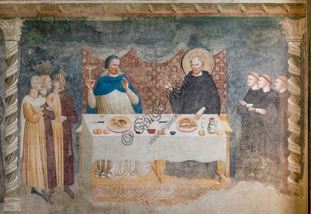 Codigoro, Pomposa Abbey, Refectory: fourteenth-century frescoes attributed to the painter of the Rimini school, Maestro di Tolentino: "The Miracle of St Guido", in which the blessed abbot turns water into wine before Gebeardo, the Archbishop of Ravenna.