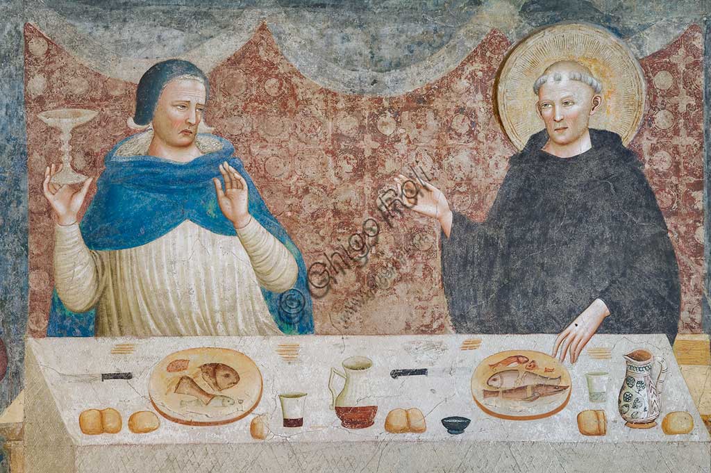 Codigoro, Pomposa Abbey, Refectory: fourteenth-century frescoes attributed to the painter of the Rimini school, Maestro di Tolentino: "The Miracle of St Guido", in which the blessed abbot turns water into wine before Gebeardo, the Archbishop of Ravenna. Detail.