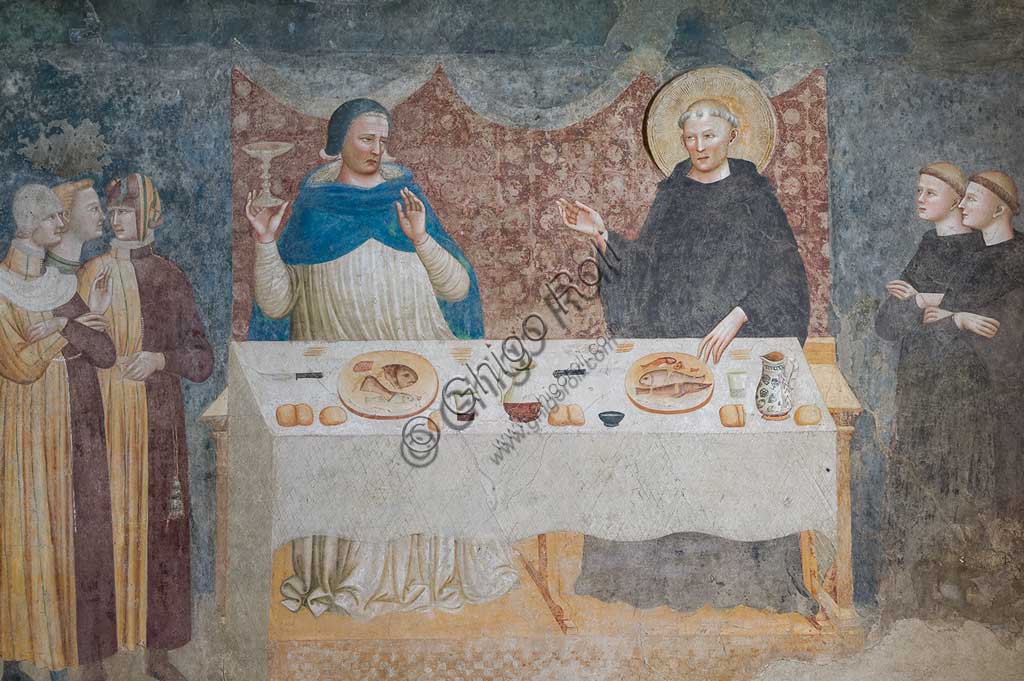Codigoro, Pomposa Abbey, Refectory: fourteenth-century frescoes attributed to the painter of the Rimini school, Maestro di Tolentino: "The Miracle of St Guido", in which the blessed abbot turns water into wine before Gebeardo, the Archbishop of Ravenna.