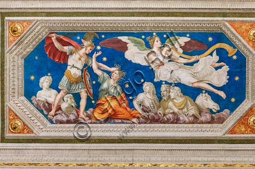 Rome, Villa Farnesina, the Loggia of Galatea, detail of the vault: "The Myth of Perseus and the Gorgon Medusa, and  the Fame". Fresco by Baldassarre Peruzzi (1511).