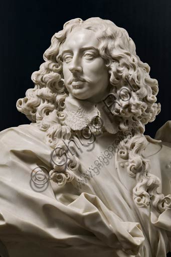  Modena, Galleria Estense: Marble bust  of Francesco I d'Este, by Gian Lorenzo Bernini (1598 - 1680). Detail.