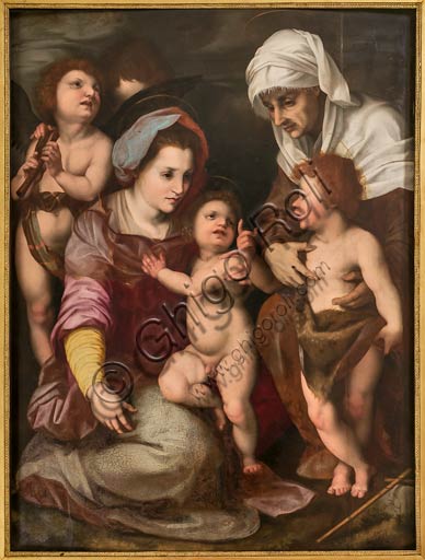  Modena, Galleria Estense: ""Madonna with Infant Jesus, St. Elisabeth, Infant St. John and two angels", by anonymous artist, first half of the XVI century, copy from Andrea Del Sarto. Oil Panel Painting.