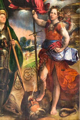  Modena, Galleria Estense: "Madonna with Infant Jesus and St. George and St. Michael Archangel" (about 1518), by  Giovanni Luteri, known as Dosso Dossi. Oil painting. Detail.