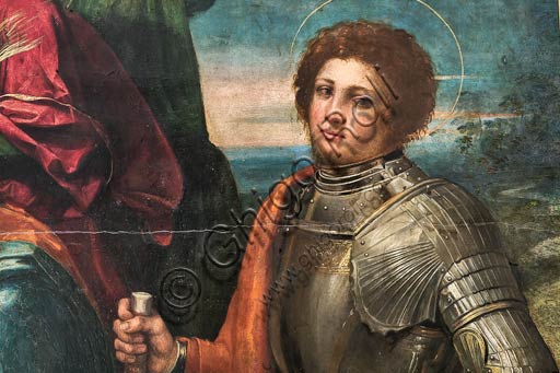 Modena, Galleria Estense: Madonna col Bambino e i Ss. Sebastiano e Giorgio, di Giovanni Luteri conosciuto come Dosso Dossi. Particolare.