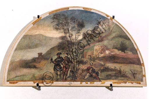 Modena, Galleria Estense; scene dell'Eneide di Nicolò dell'Abate, (1510-1571). Si tratta di affreschi staccati  dal Camerino dell’Eneide della Rocca dei Conti Boiardo a Scandiano).Lunetta 4: scena di caccia con il falcone.