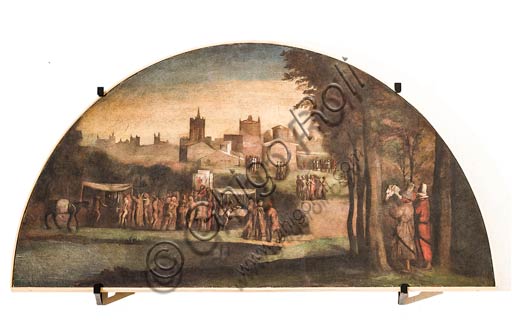 Modena, Galleria Estense; scene dell'Eneide di Nicolò dell'Abate, (1510-1571). Si tratta di affreschi staccati  dal Camerino dell’Eneide della Rocca dei Conti Boiardo a Scandiano).Lunetta 6: paesaggio di Scandiano con fiera.
