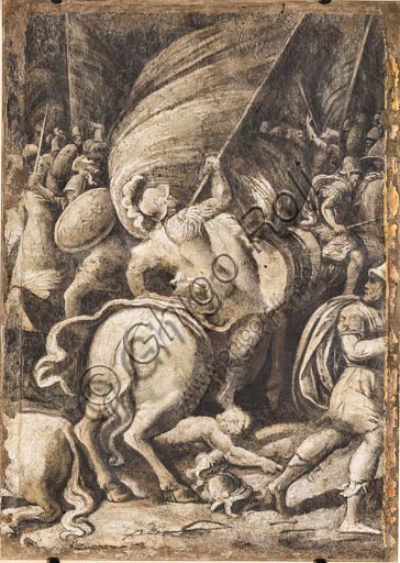 Modena, Galleria Estense: scene dell'Eneide di Nicolò dell'Abate, (1510-1571). Si tratta di affreschi staccati  dal Camerino dell’Eneide della Rocca dei Conti Boiardo a Scandiano.Monocromo con battaglia di fanti e cavalieri.
