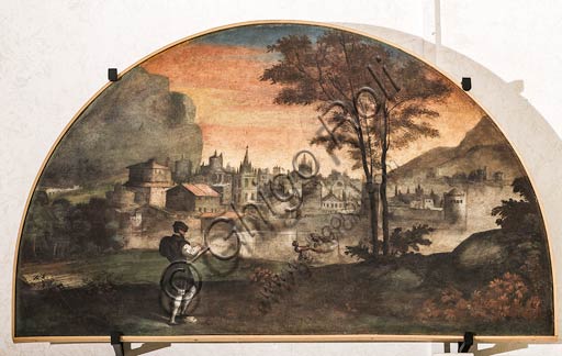 Modena, Galleria Estense; scene dell'Eneide di Nicolò dell'Abate, (1510-1571). Si tratta di affreschi staccati  dal Camerino dell’Eneide della Rocca dei Conti Boiardo a Scandiano).Lunetta 2 : Matteo Maria Boiardo che scrive il suo poema.