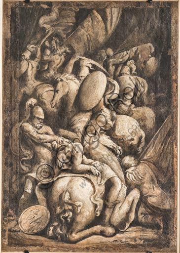 Modena, Galleria Estense: scene dell'Eneide di Nicolò dell'Abate, (1510-1571). Si tratta di affreschi staccati  dal Camerino dell’Eneide della Rocca dei Conti Boiardo a Scandiano.Monocromo con battaglia di fanti e cavalieri.