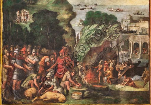 Modena, Galleria Estense; scene dell'Eneide di Nicolò dell'Abate, (1510-1571). Si tratta di affreschi staccati  dal Camerino dell’Eneide della Rocca dei Conti Boiardo a Scandiano).Scena 10: Lo sbarco di Enea sulle coste della Libia; Eneide, Canto I. Particolare.