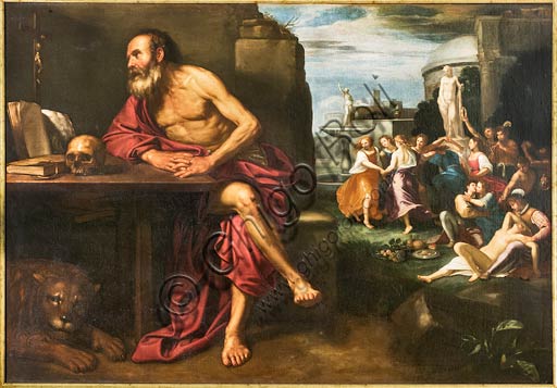 Modena, Galleria Estense: "Tentazione di San Girolamo (San Girolamo nel deserto, tormentato dal ricordo delle danzatrici di Roma)" autore Ignoto (di ambito emiliano).olio su tela, cm. 161 x 227.