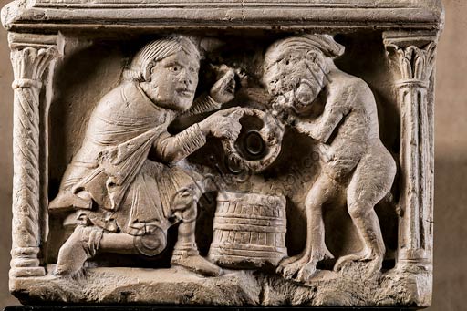  Modena, Civic Museum of Art: Holy water font depicting the legend of the pact between the Knight and the Devil, by an Emilia Romagna sculptor, beginning XII century. Marble. Detail.